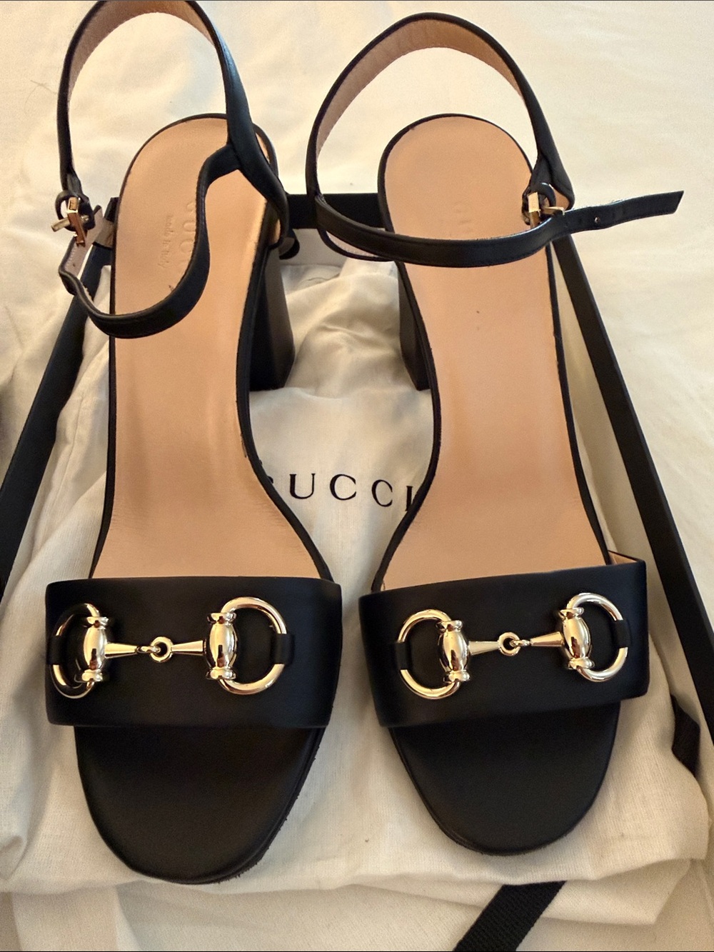 Gucci Black Leather Sandals with Gold Horsebit Accent